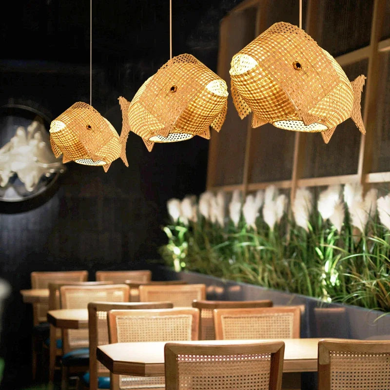 Axya Nordic Fish Art Bamboo Pendant Light Fixture LED for Living Room Kitchen Decor