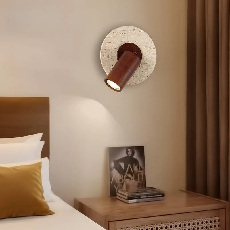 Axyaa Wabi Sabi LED Wall Lamp Yellow Travertine Wood Lampshade, Bathroom Mirror Light