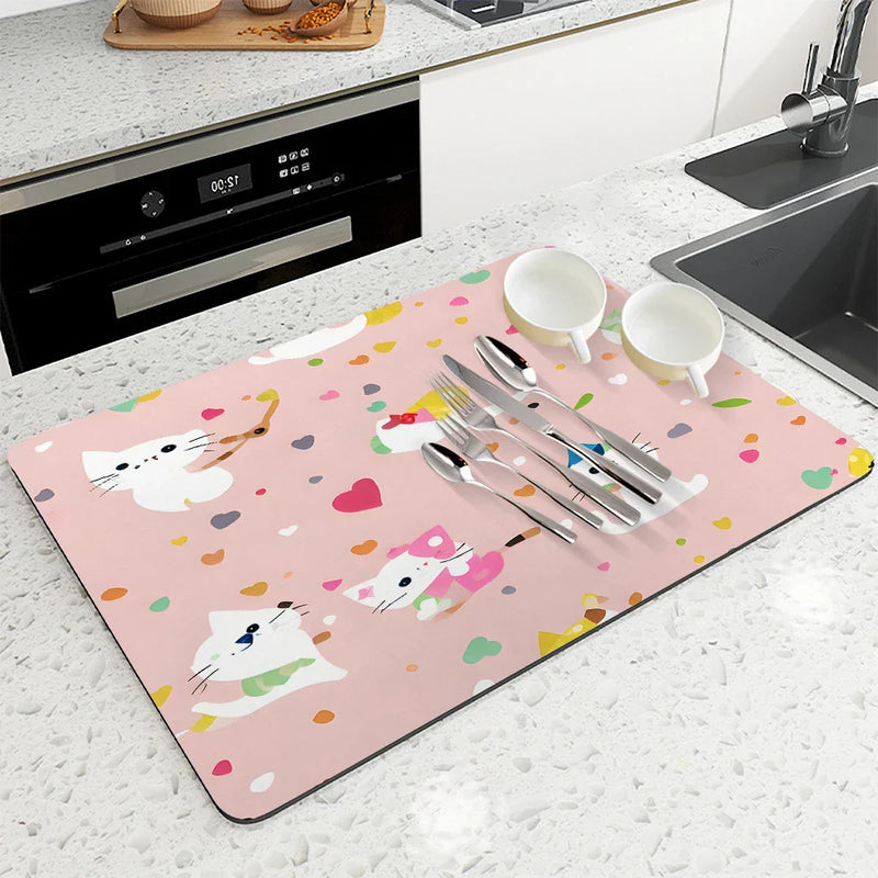 Axyaa Watercolor Polka Kitchen Drying Mat - Quick Dry Dish Draining Pad