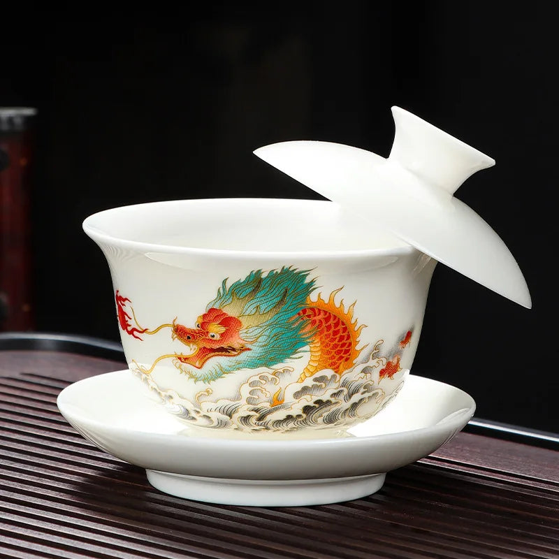 Axya Mutton Fat Jade Kung Fu Tea Set - Porcelain Travel Gaiwan Tea Cup Set