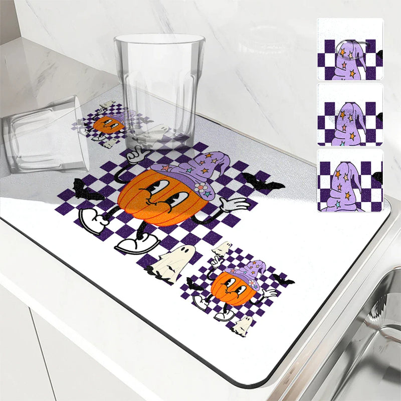 Axyaa Halloween Pumpkin Skull Drying Mat: Non-Slip Absorbent Tableware Mat for Kitchen Counter