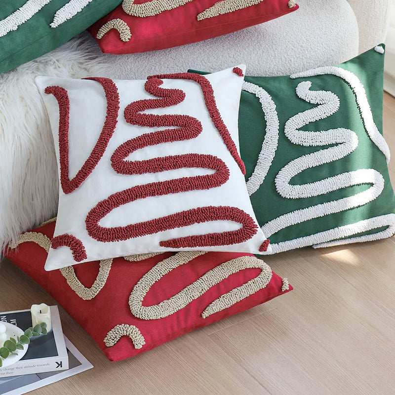 Christmas Boho Green Red 45x45 Tufted Pillow Cover, Farmhouse Sofa Decor, Axyaa Brand