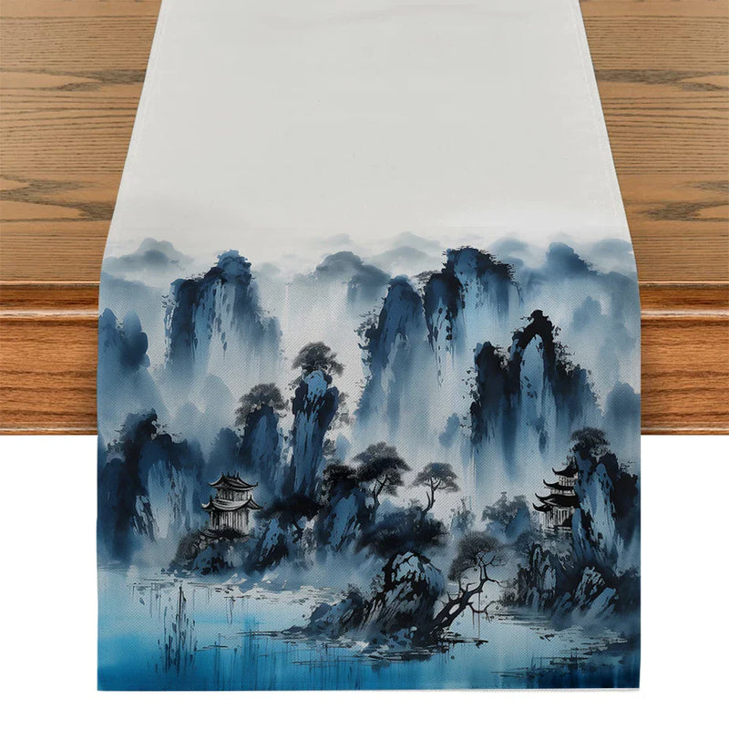Axyaa Abstract Ink Painting Table Runner for Farmhouse Dining Decor