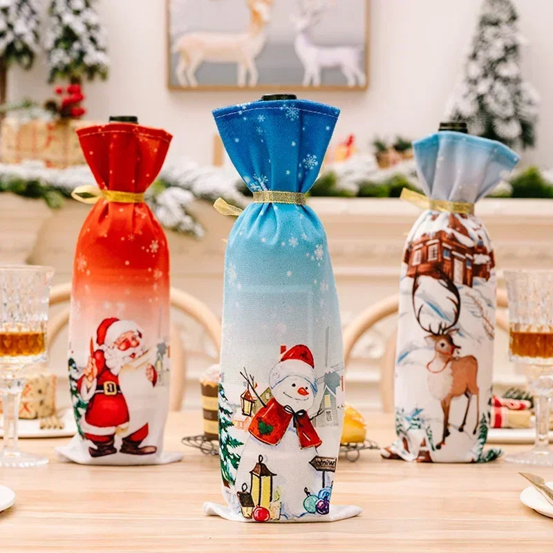 Axyaa Christmas Wine Bottle Cover - Santa Claus Snowman Elk Print - Xmas Table Decor