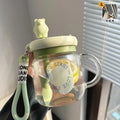 Axyaa Bear Glass Water Cup With Handle Lid, Jumbo Straw, Portable Double Drinking Mug