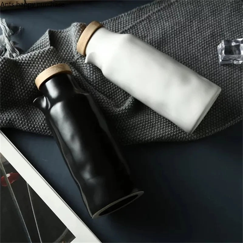 Axya Ceramic Oil Bottle with Wooden Cover, Leakproof Spice Container