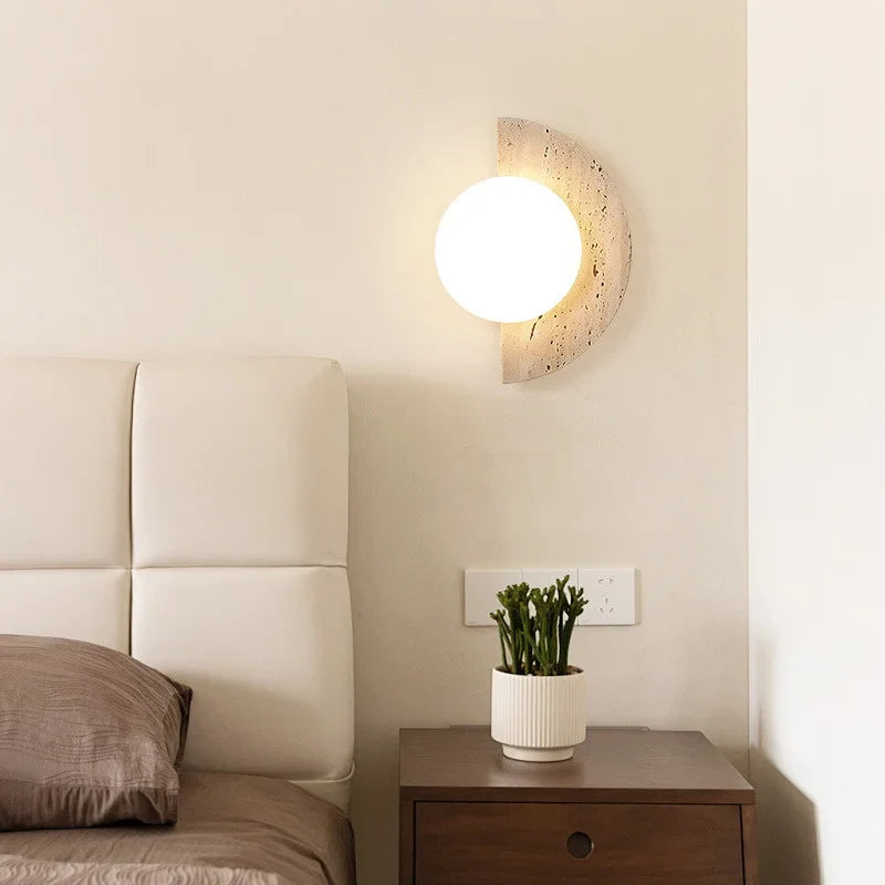 Axyaa White Glass Ball LED Wall Sconce Yellow Travertine Nordic Modern Stair Light