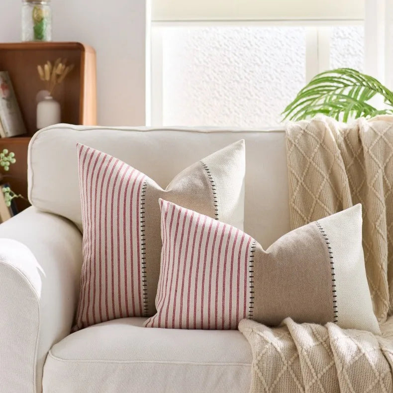 Cream Tan Two Tone Striped Pillow Cover for Home Sofa Couch Living Room by Axyaa