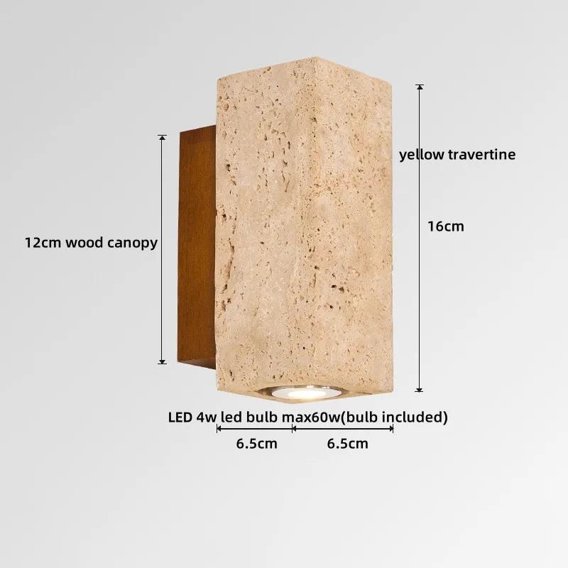 Axyaa Round Yellow Travertine LED Wall Lamp Indoor Decor Stone Wood Stair Light