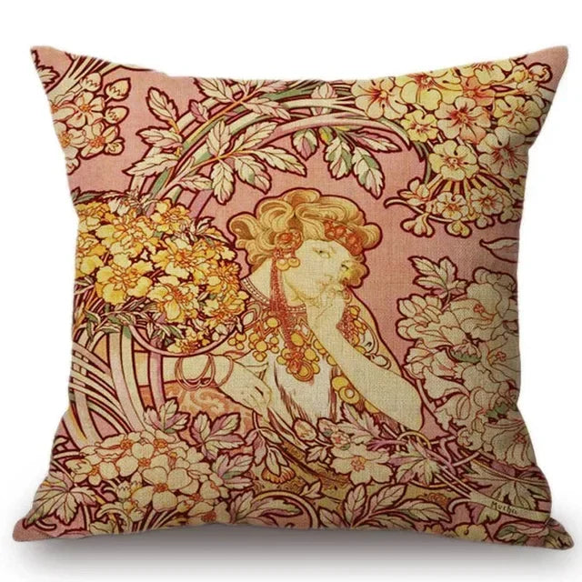 Axyaa Art Nouveau Mucha Gallery Cushion Cover - Beautiful Girl Pattern Linen Pillowcase