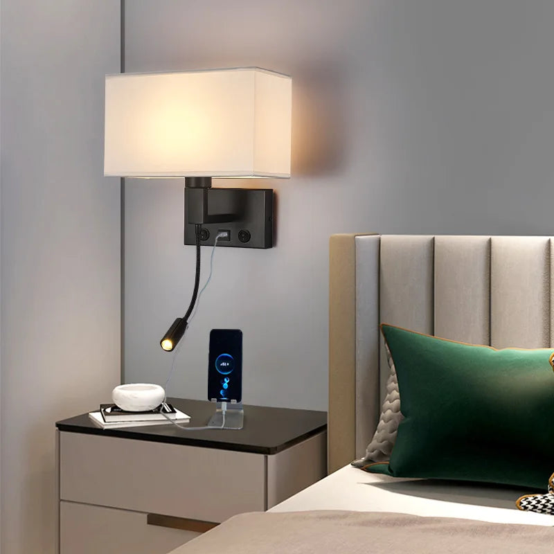 Axyaa Bedside Wall Lamp with USB Port and Cloth Lampshade