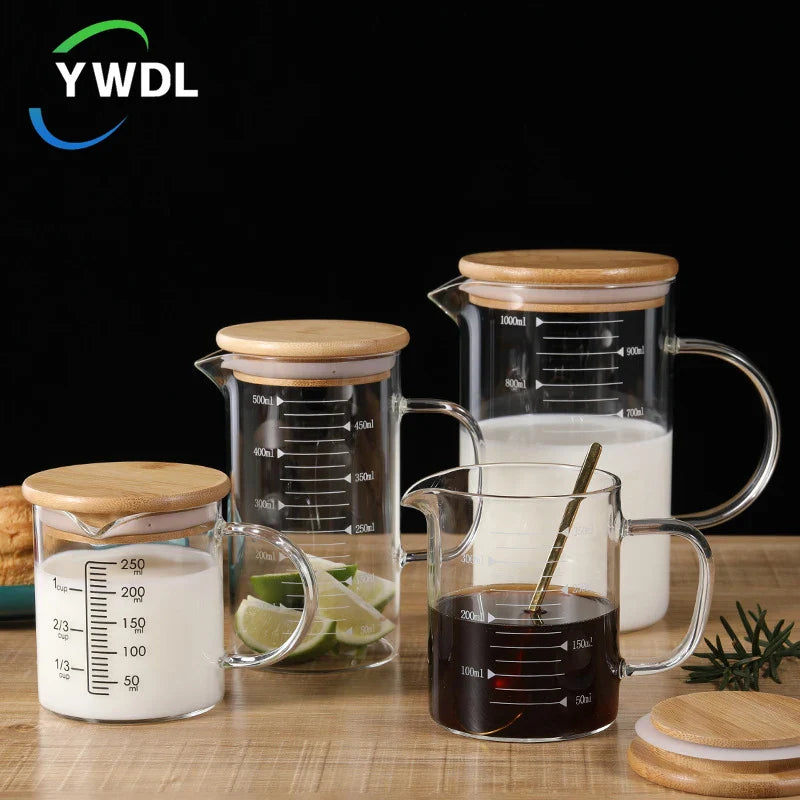 Axya Glass Measuring Cup Set With Lid, Heat-resistant, Scales, Laboratory Beaker, Handle