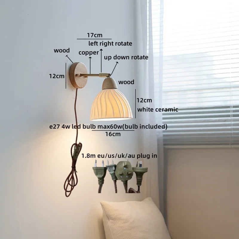 Axyaa White Ceramic LED Wall Sconce – Wooden Socket Stair Wall Light