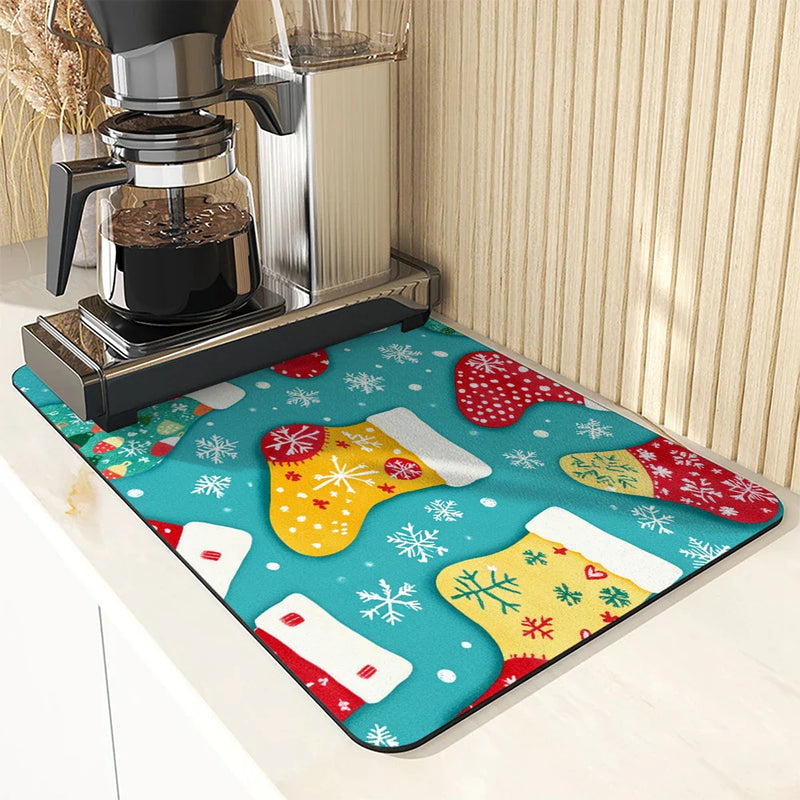 Christmas Gloves Snowflake Drying Mat by Axyaa: Non-Slip Absorbent Table Mat
