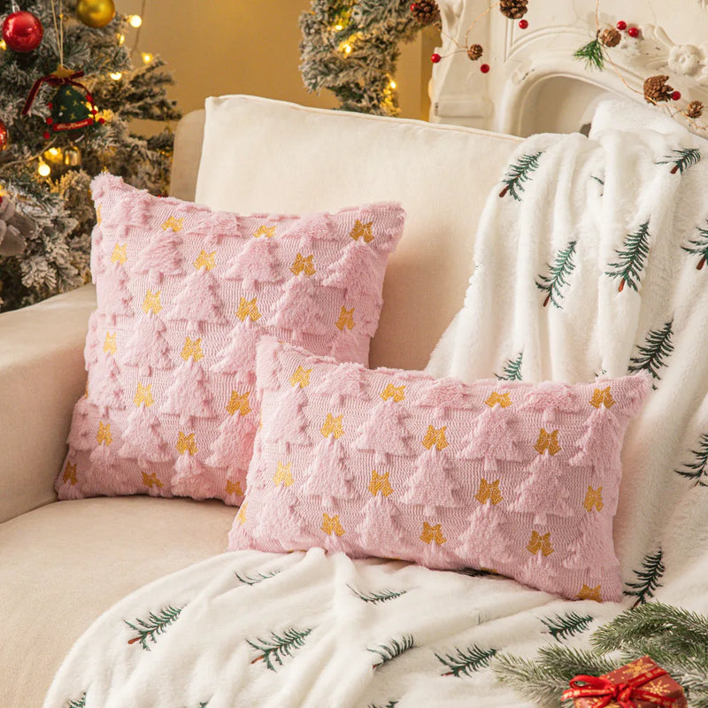 Axyaa Soft Plush Faux Fur Christmas Tree Pillow Cover for Winter Holiday Decor