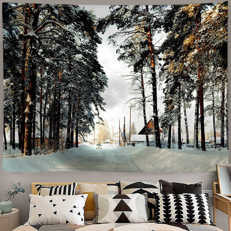Axyaa Snowy Forest Tapestry Tree Wall Hanging for Home Decor