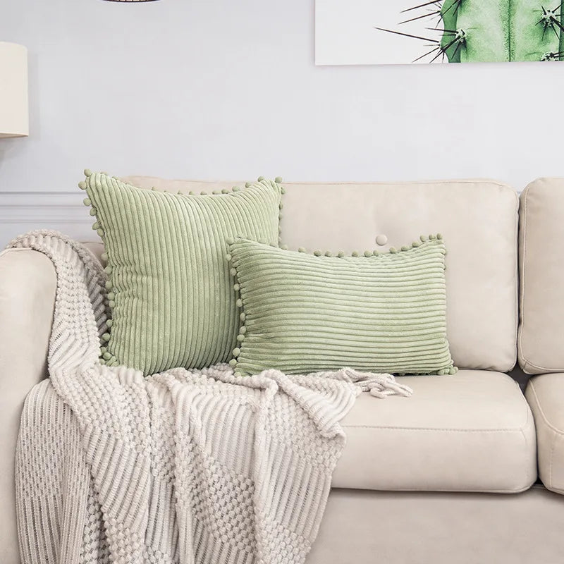 Lumbar Corduroy Boho Cushion Cover with Pom Pom Detail by Axyaa