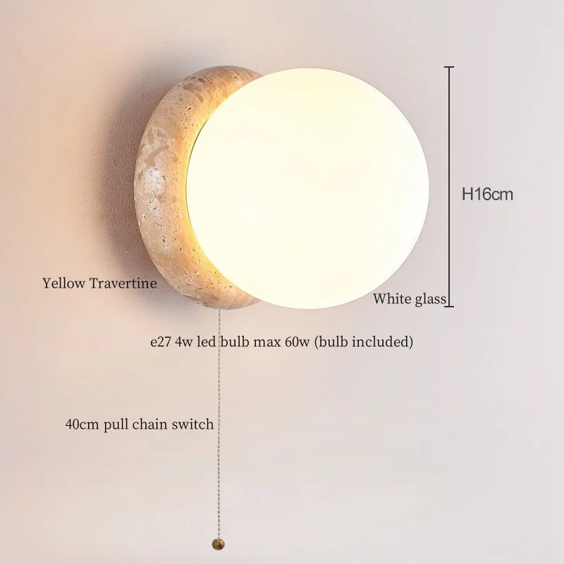 Axyaa Nordic LED Wall Sconce White Glass Yellow Travertine Decor - Bedroom Bathroom Stair Lights