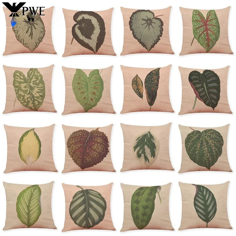 Axyaa Big Leaf Pattern Linen Pillowcase 45x45cm for Car Sofa Home Décor