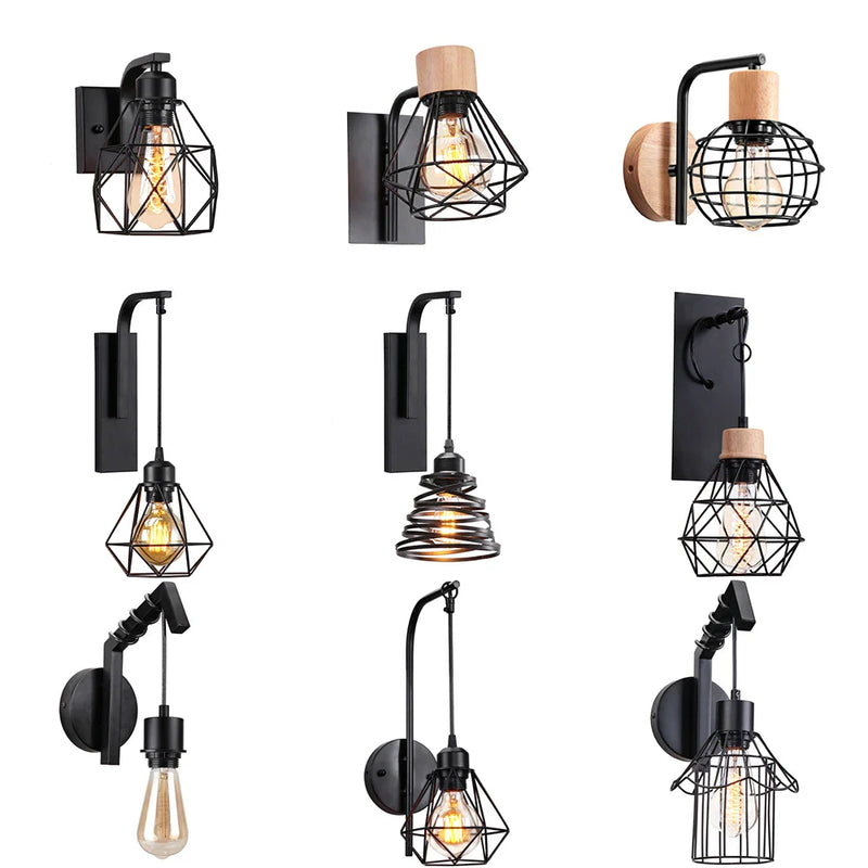 Retro Iron Wall Lamp Black Indoor Light Fixture for Bedroom by Axyaa