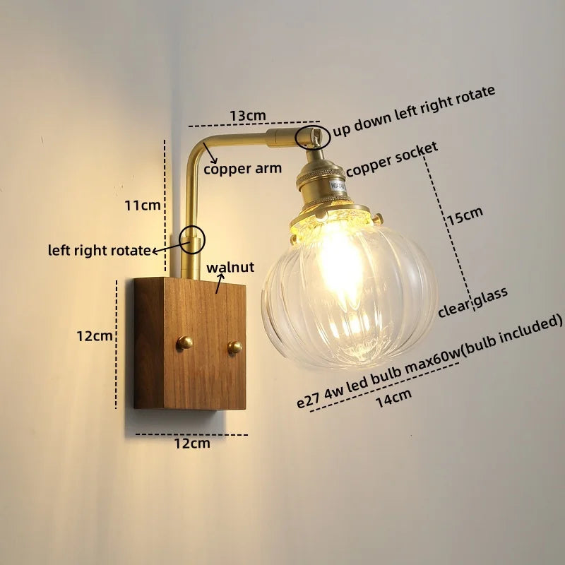 Axyaa Glass Copper LED Wall Lights Modern Bedside Lamp for Home Decor