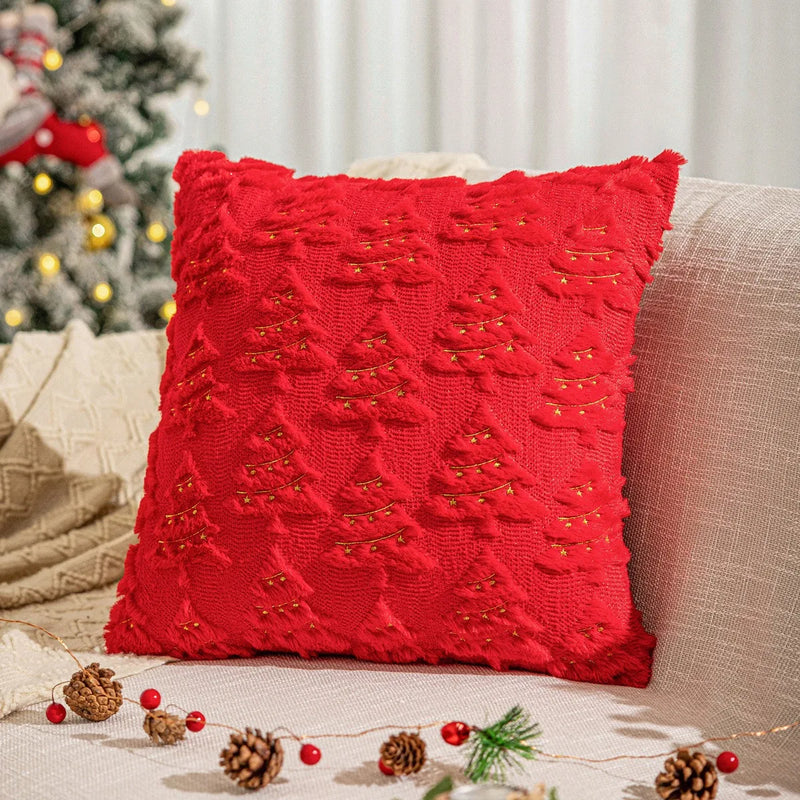Axyaa Christmas Red 3D Xmas Tree Velvet Pillowcase