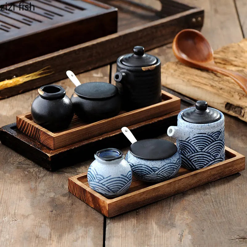 Axya Ceramic Spice Jars Set with Wooden Tray - Kitchen Seasoning Organizer