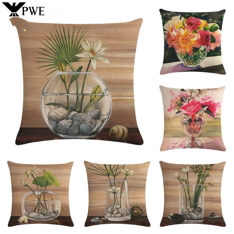 Axyaa Bouquet Cushion Cover 45*45cm - Stylish Art Flowers Flax Pillow