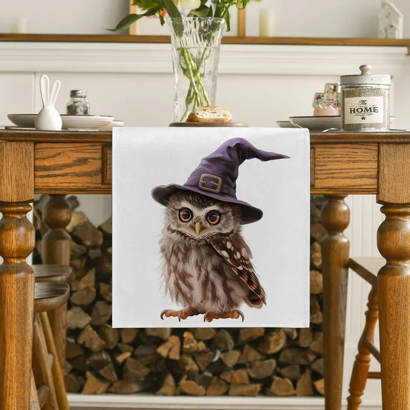 Axyaa Halloween Owl Wizard Hat Table Runner - Elegant Home Dining Decor