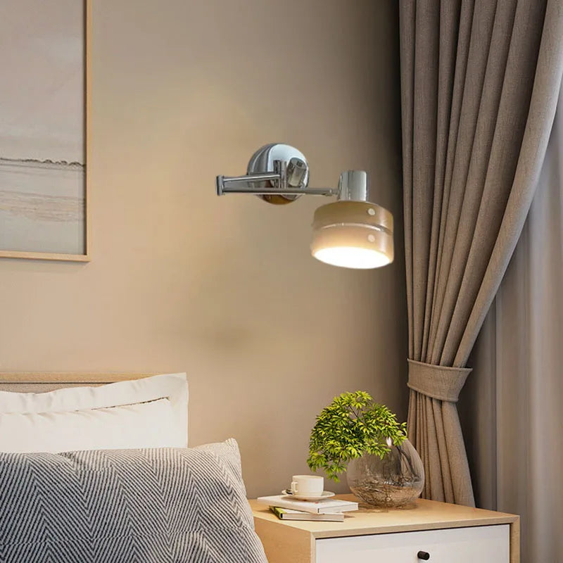 Axyaa Chrome & Wood Long Arm Wall Sconce - E27 Bulb - Ideal for Reading, Study, Bedroom, Office
