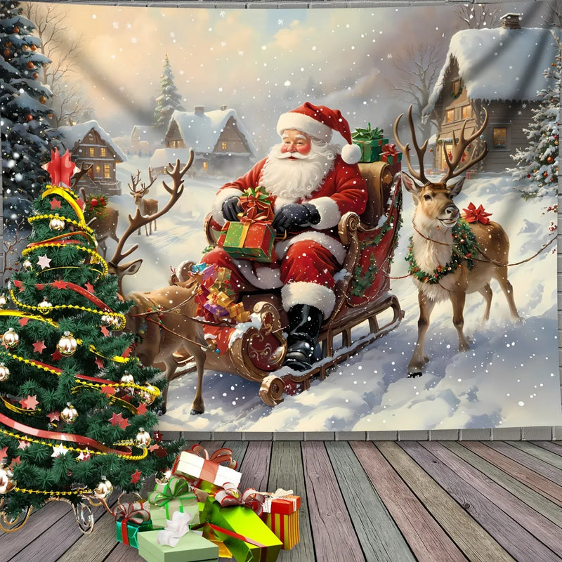 Axyaa Christmas Day Party Decoration Background Cloth: Santa Claus and Reindeer Hanging Fabric
