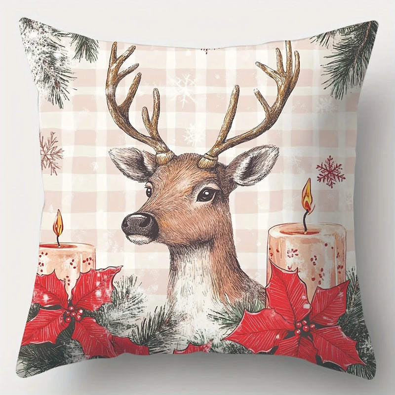 Axyaa Christmas Decor Pillowcase: Santa, Deer, Candle Print Sofa Cushion Cover