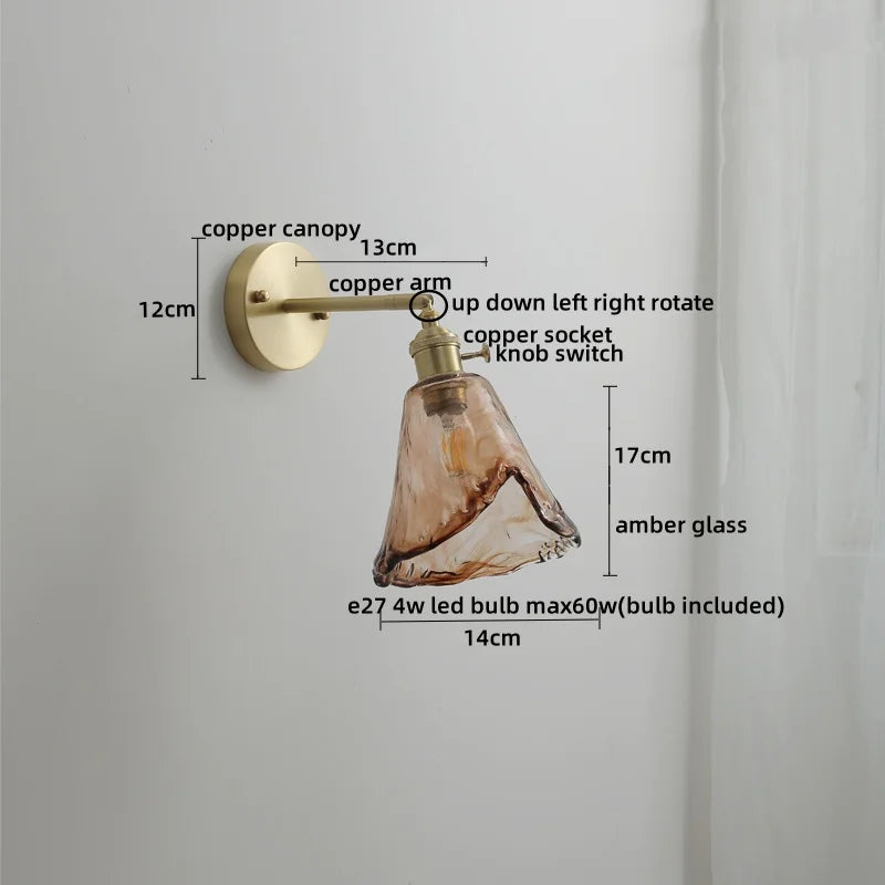 Axyaa Glass Copper LED Wall Lamp with Knob Switch for Modern Home Decor