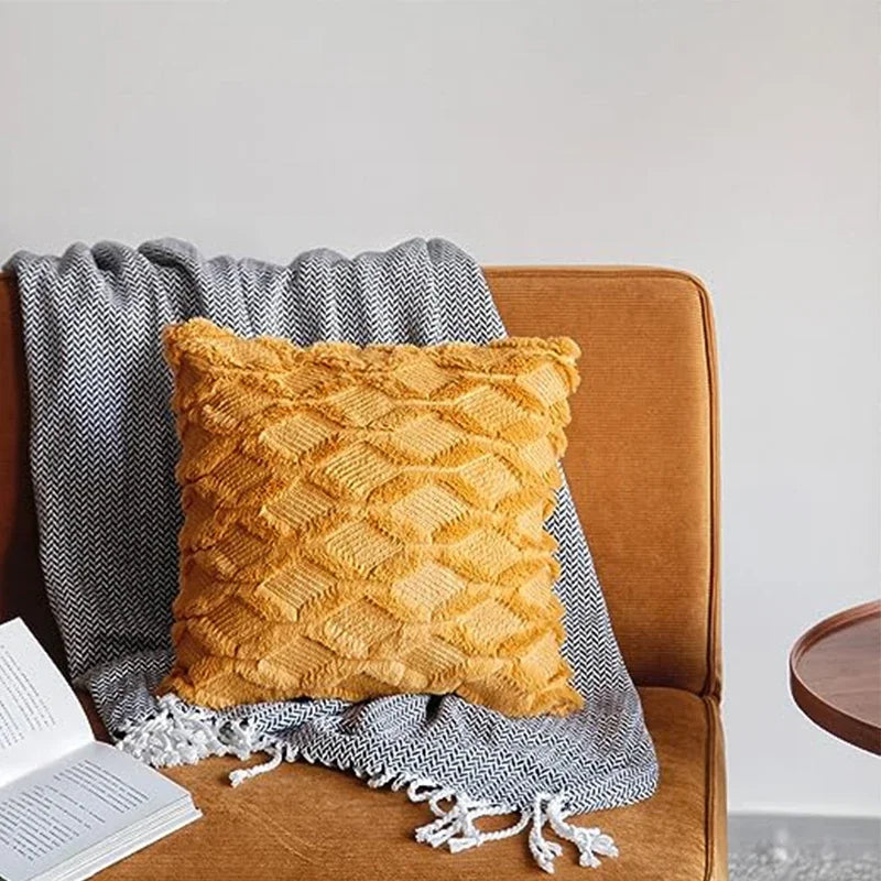 Axyaa Yellow Plush Geometry Pillow Cover 18x18inch