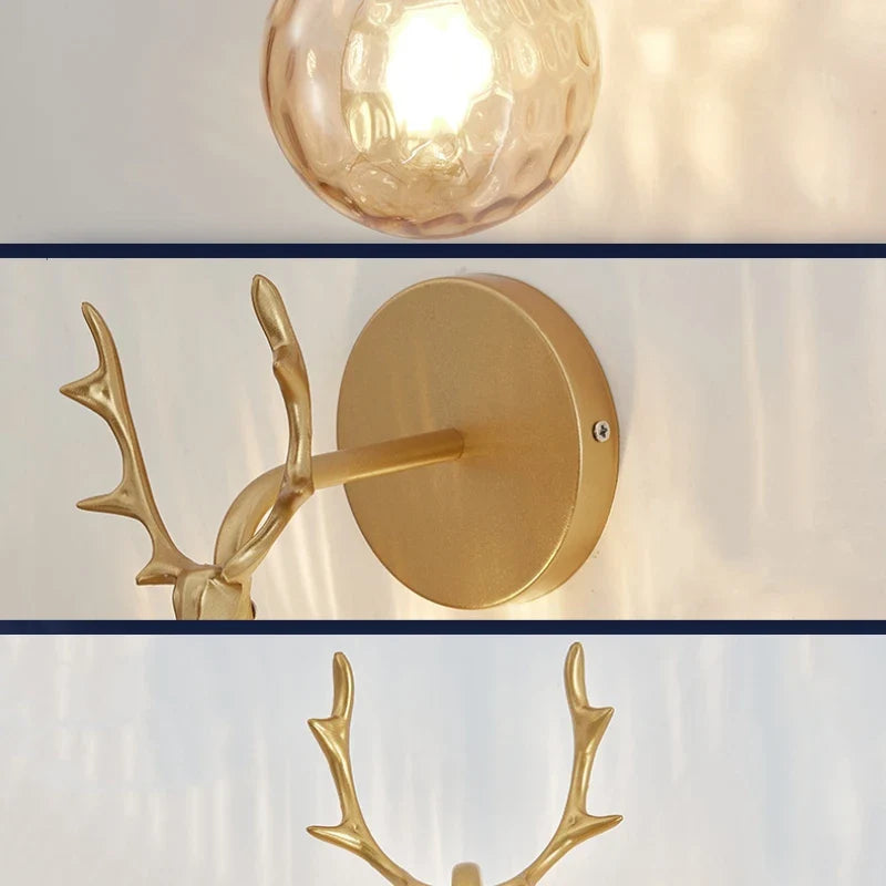 Retro Antlers Glass Ball Wall Lamp for Background Corridor with LED Lighting Night Light