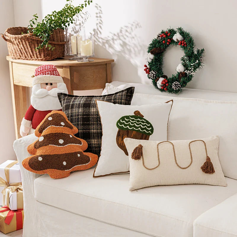 Axyaa Christmas Cushion Cover Snowflake Tree Green Red Checked Tassels