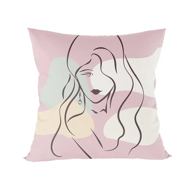 Abstract Line Drawing Girls Print Cushion Cover 45x45cm by Axyaa