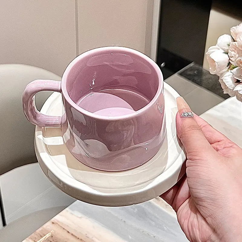 Axya Purple Ceramic Coffee Cup Set - Colored Couple Mugs & Saucers, Porcelain Milk Mug