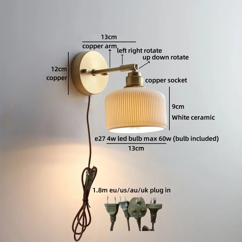 Axyaa Ceramic LED Wall Lamp: Japan Style Gold Brass Arm, Up Down Rotate