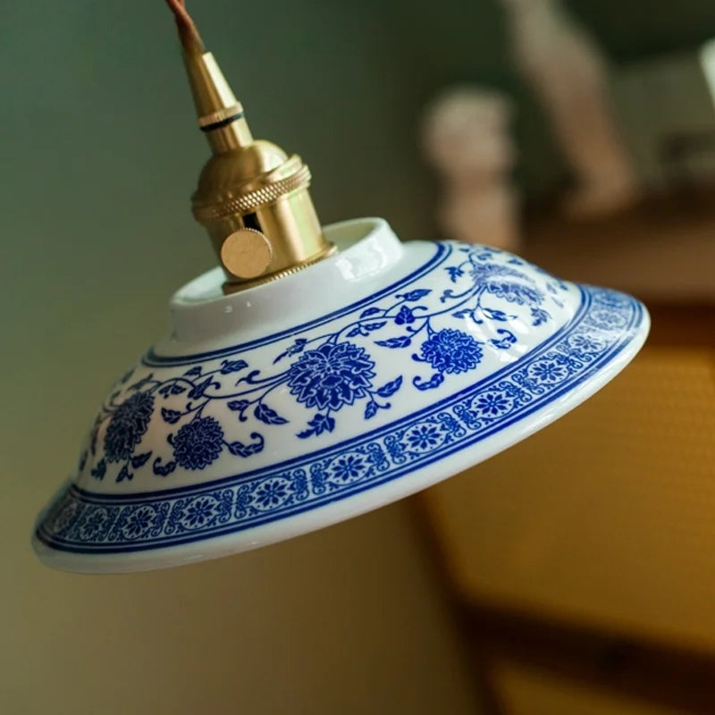 Axyaa White Blue Pattern Ceramic LED Pendant Lights - Japanese Style