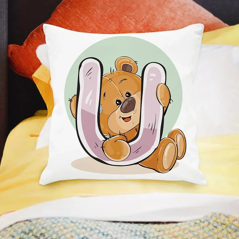 Axyaa Cartoon Bear Alphabet Print Cushion Cover - Children's Room Decor