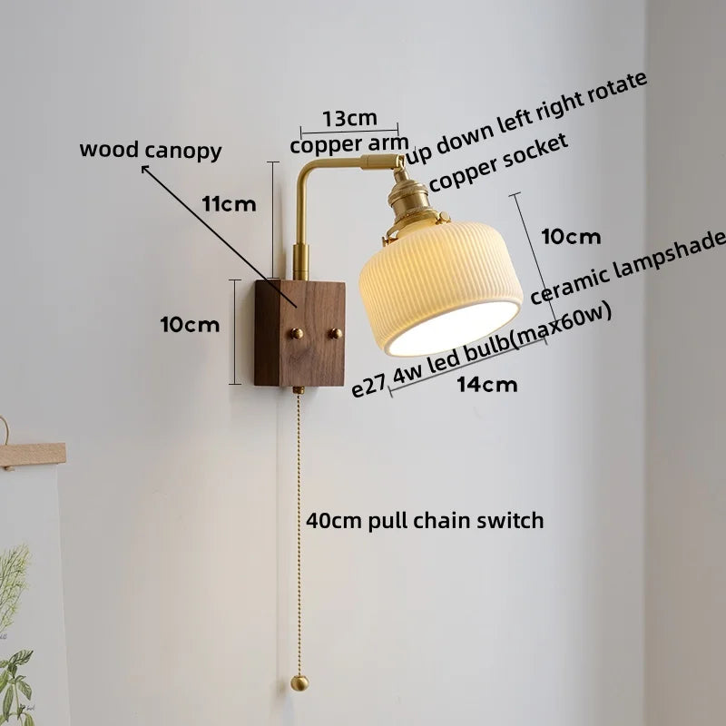 Axyaa Ceramic Copper LED Wall Lamps with Pull Chain Switch for Home Decor