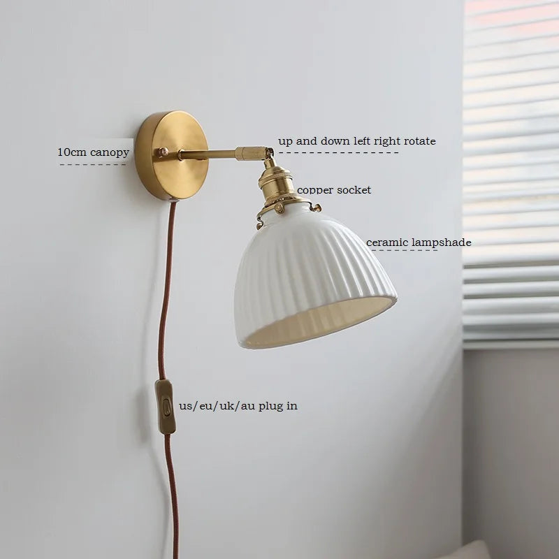 Axyaa Nordic LED Wall Sconce Ceramic Lampshade for Bedroom Living Room