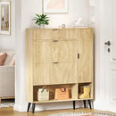 Axyaa Fluted Shoe Cabinet with 2 Flip Drawers, Beige Slim Shoe Storage