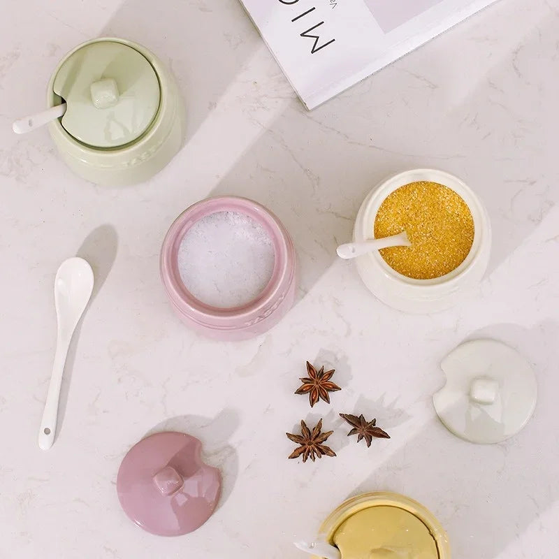 Axyaa Ceramic Condiment Jar Set with Lid, Spoon, Sugar Bowl, Salt Jars