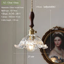 Axyaa Vintage Floral Glass Pendant Lamp with Handblown Lampshade—Brass or Wood Fixture