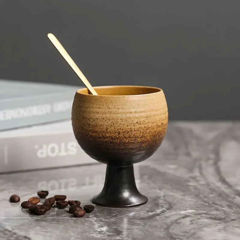 Axyaa Ceramic Coffee Cup Set with Spoon, Coarse Pottery Goblet for Home Decor