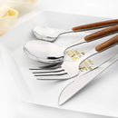 Axyaa 16Pcs Brown Gold Stainless Steel Dinnerware Set with Wooden Handle