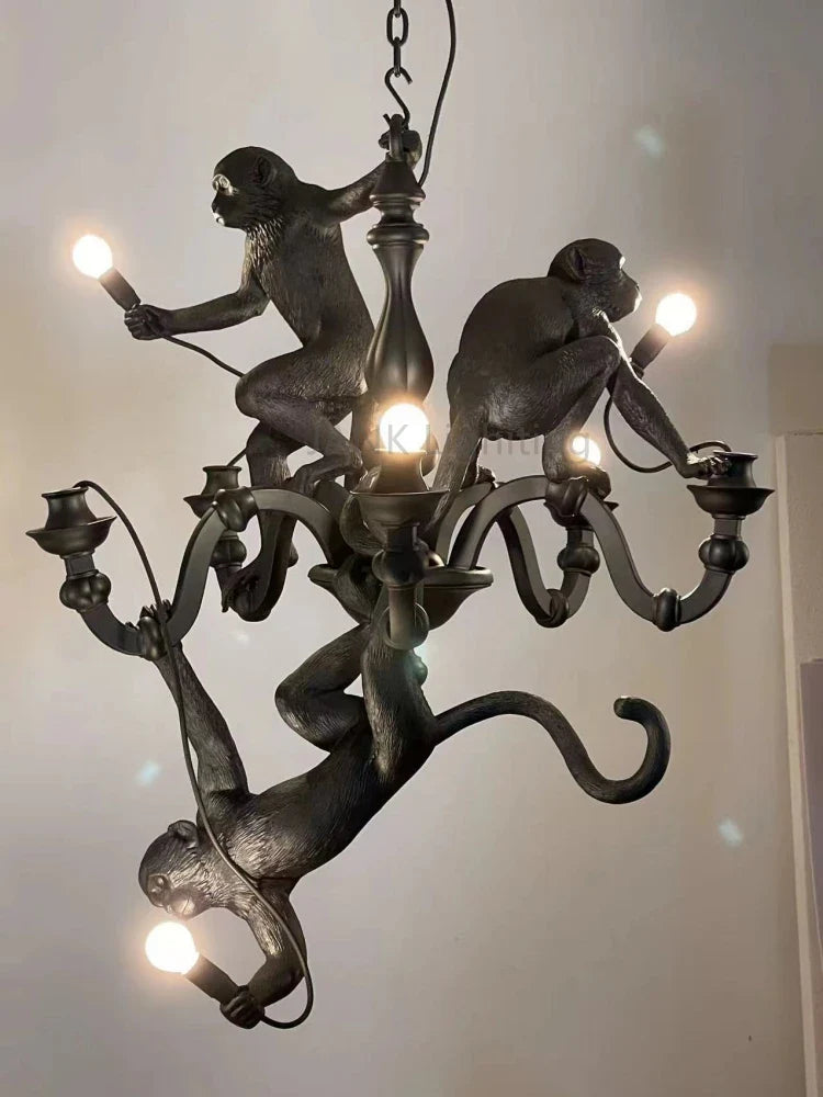 Axyaa Black White Resin Monkey Pendant Chandelier - Designer High-end Hanging Lamp