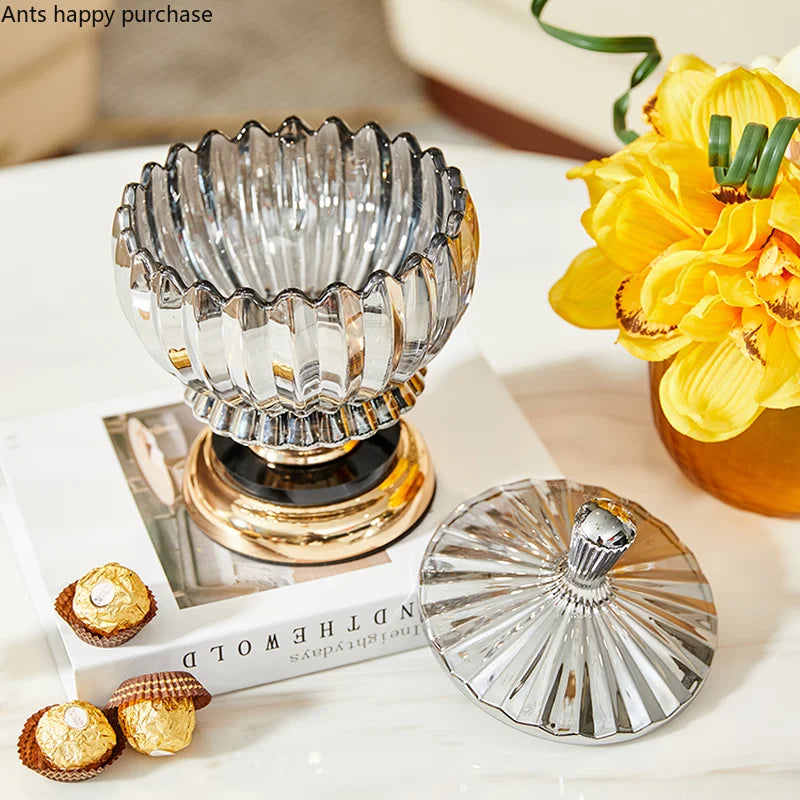 Axya Crystal Candy Jar with Gold Base Lid, Transparent Decorative Storage Jar
